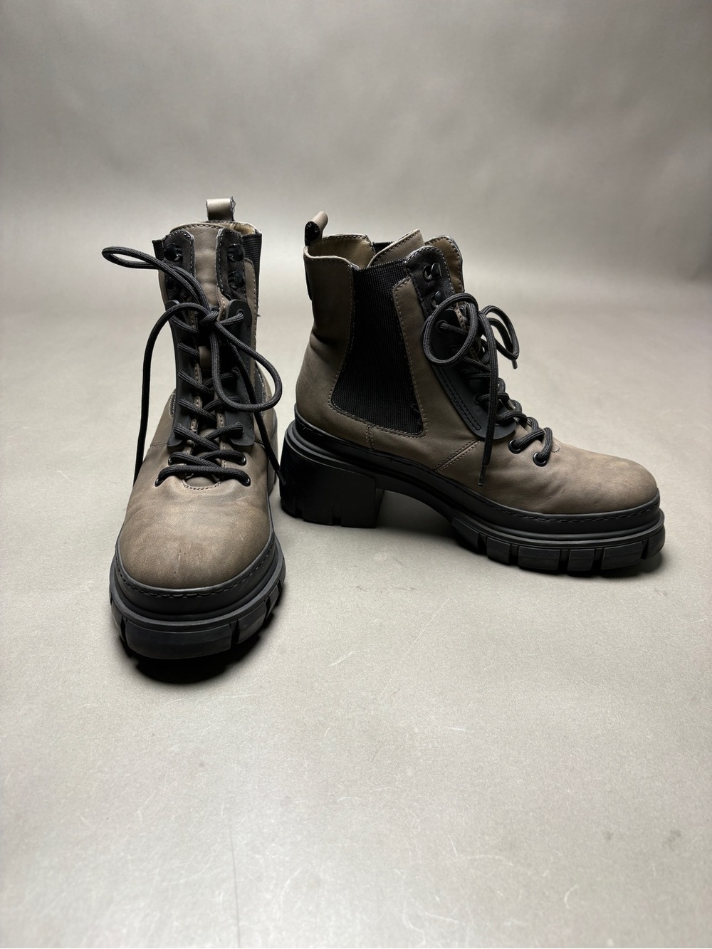 MIA Taupe Lace-Up Chunky Combat Boots with Black Soles - Picture 2 of 14